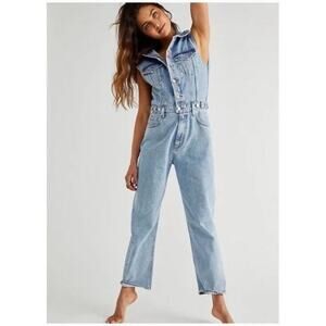 NEW AGOLDE Blanca Sleeveless Denim Slim Flare Leg Jumpsuit 12 Blue